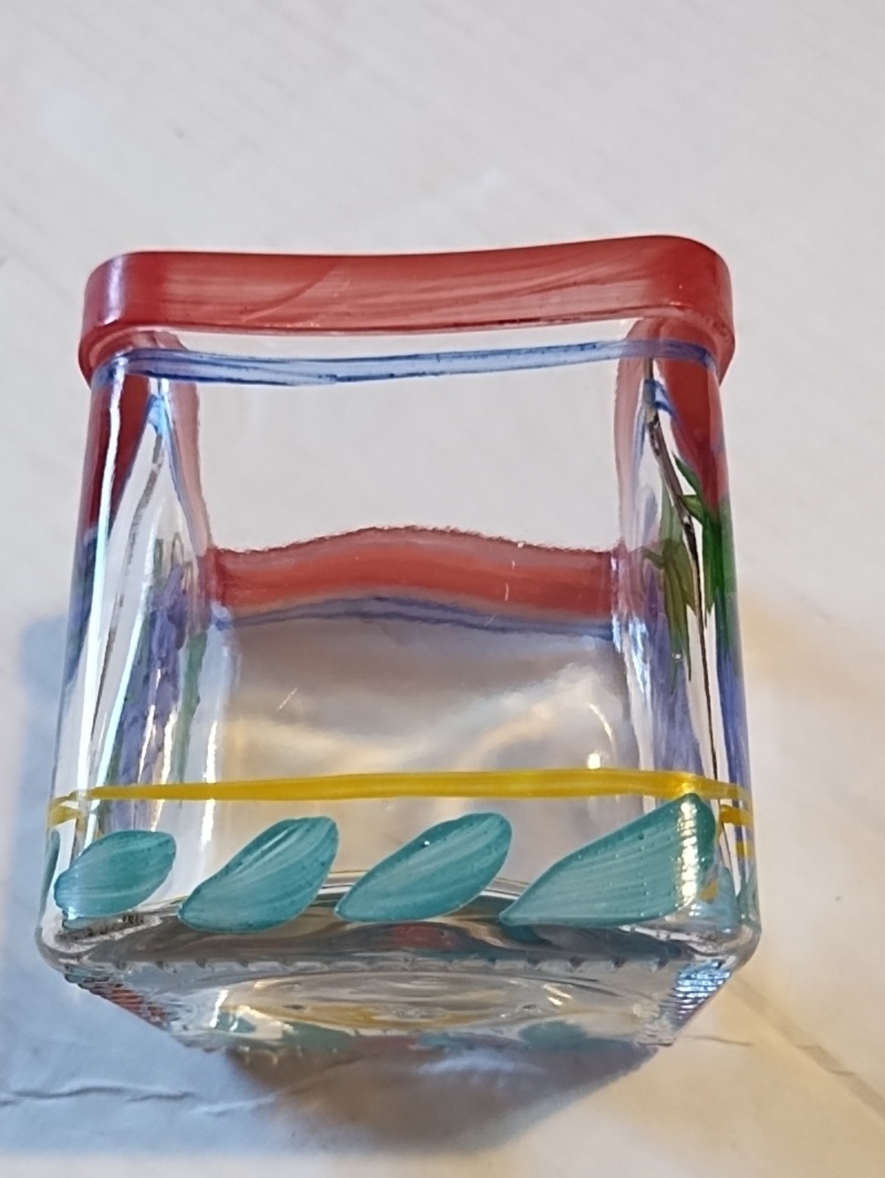 Hand-Painted Square Glass Votive or Trinket Dish - Purple Floral with Red Rim - Picture 3 of 6